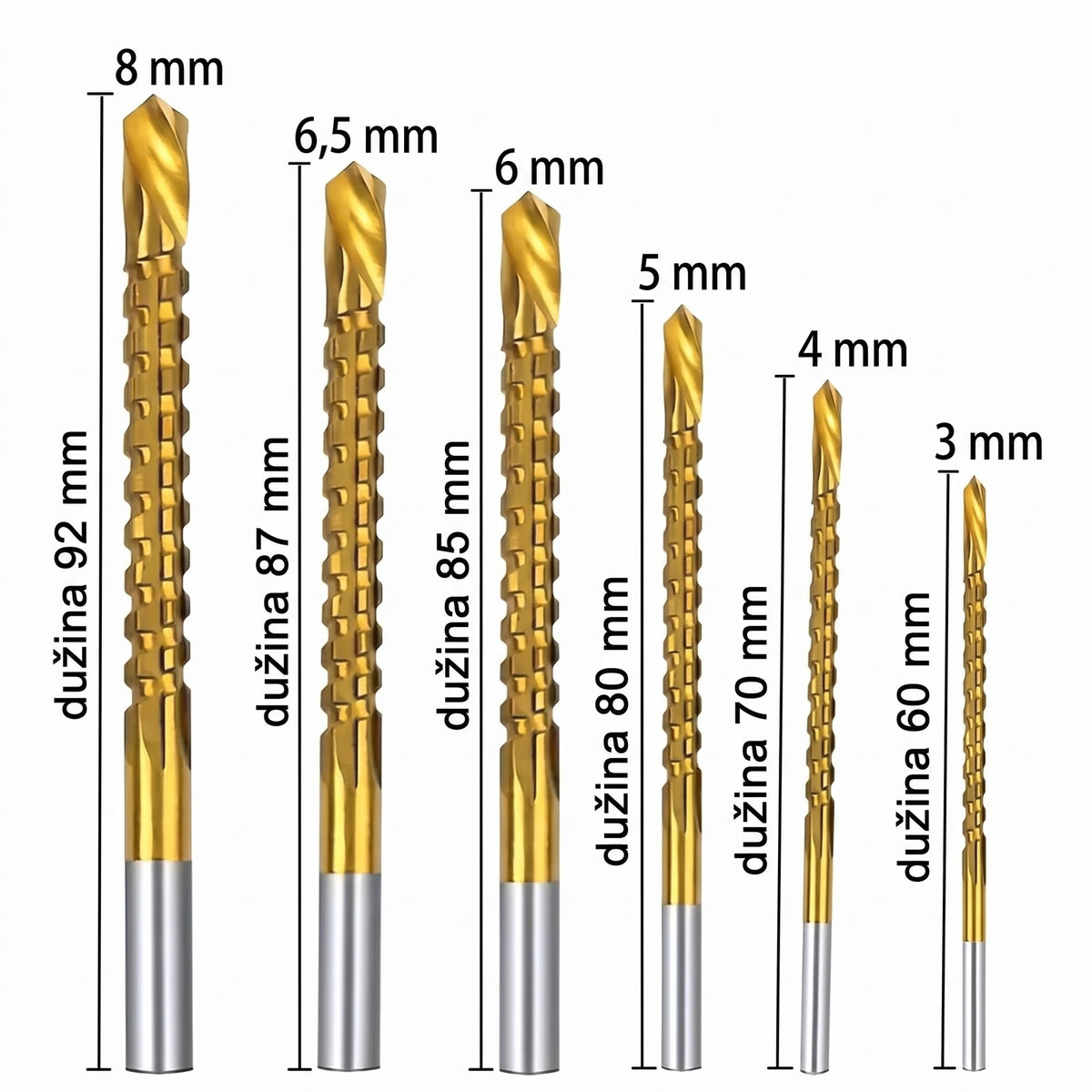 Prečnici 3 do 8 mm i dužine 60 do 92 mm