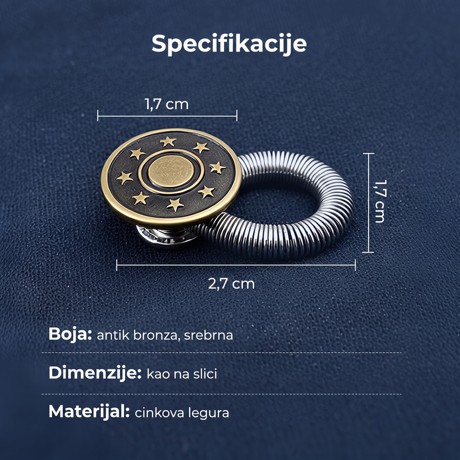 Specifikacije — 1,7 cm dugme, 2,7 cm ukupno, cinkova legura