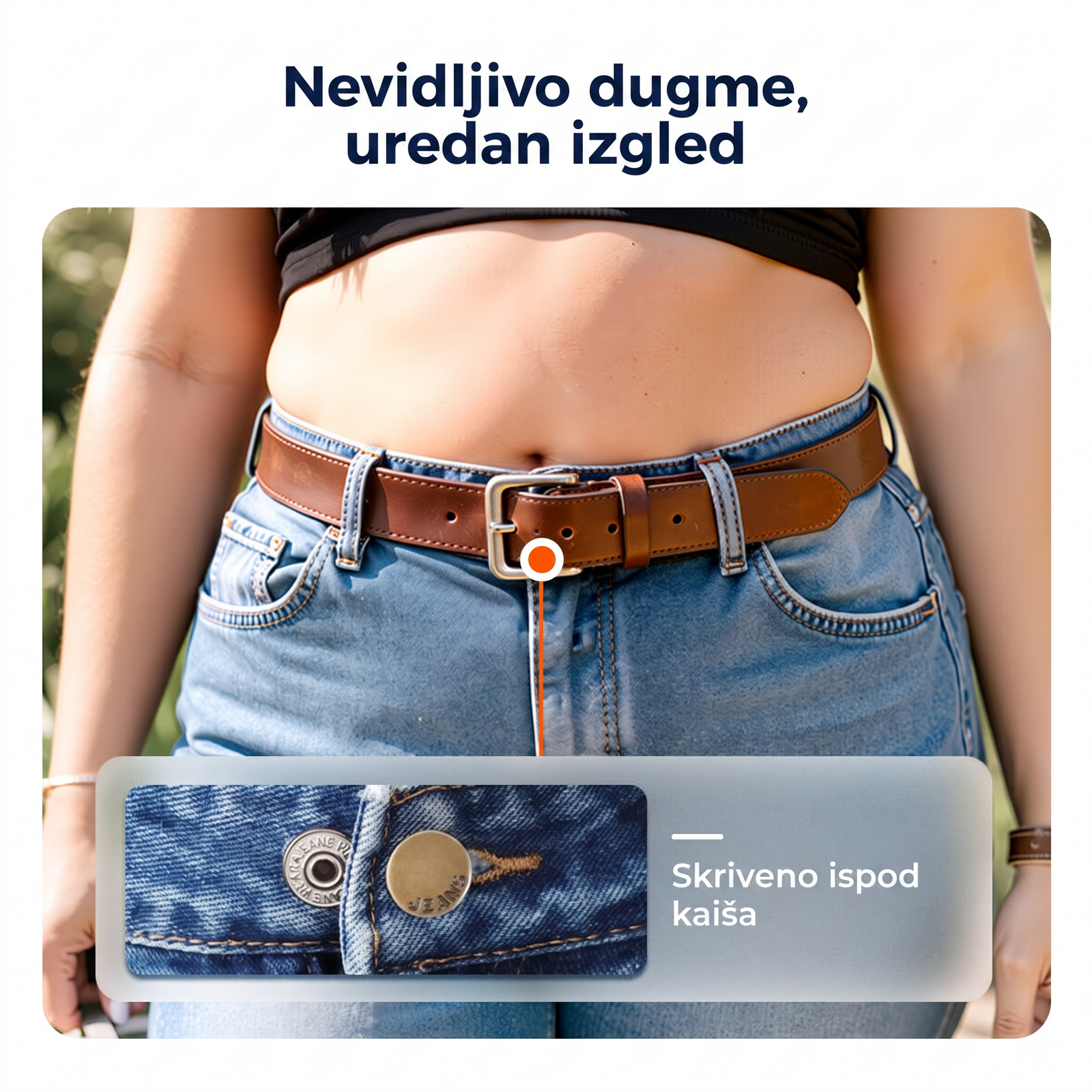 Nevidljivo dugme, uredan izgled — skriveno ispod kaiša