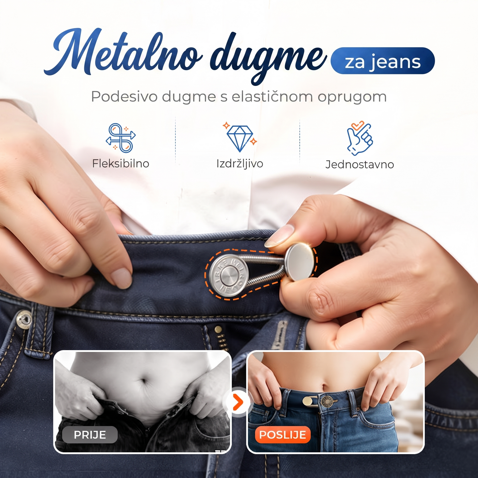 Metalno podesivo dugme za jeans s elastičnom oprugom — prije i poslije