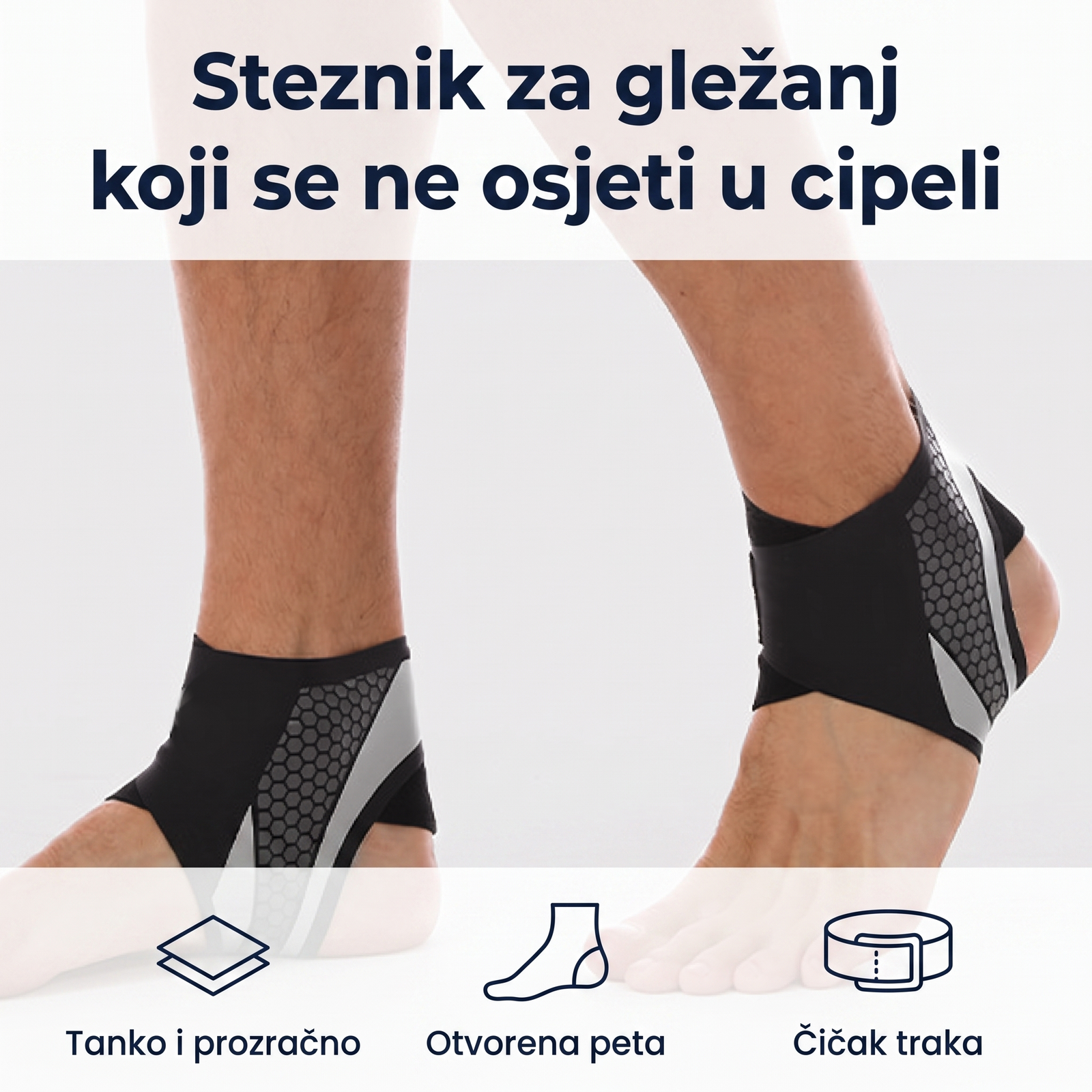 Steznik za gležanj koji se ne osjeti u cipeli — tanko i prozračno, otvorena peta, čičak traka