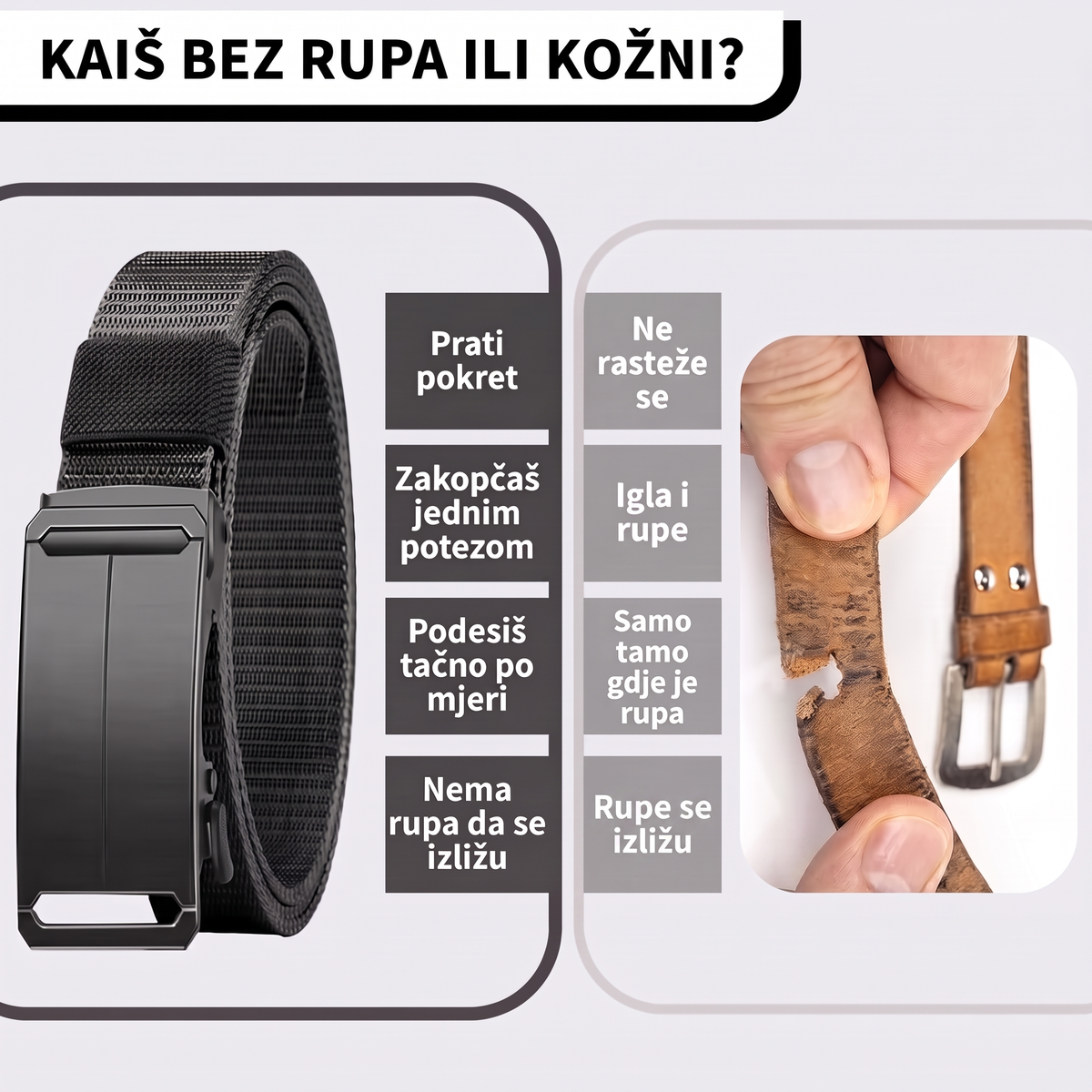 Kaiš bez rupa ili kožni kaiš — poređenje