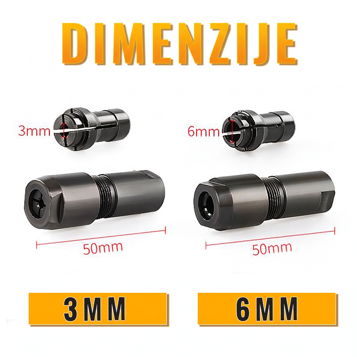 Dimenzije adaptera: stezna glava 3 mm ili 6 mm, dužina 50 mm
