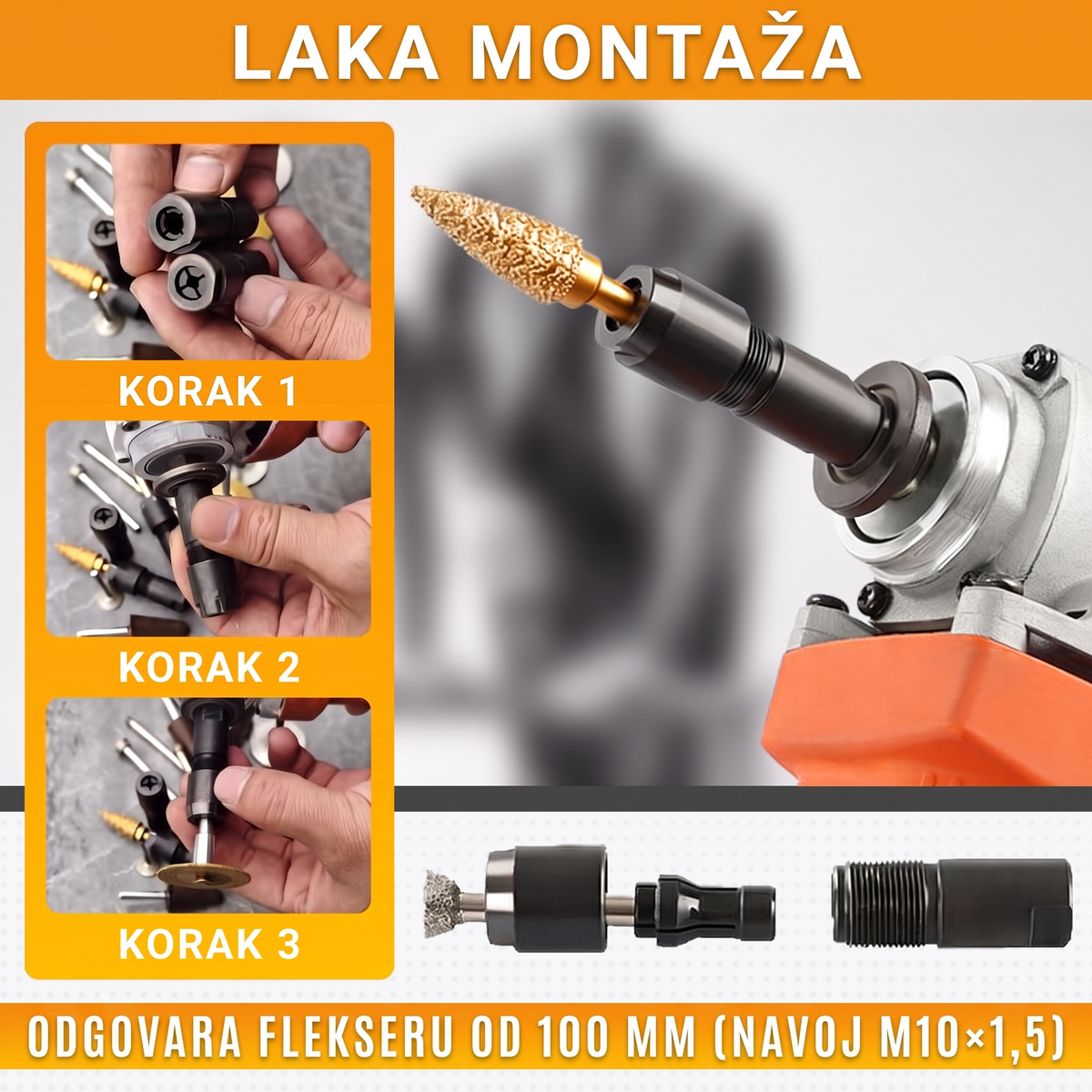 Montaža u tri koraka, odgovara flekseru od 100 mm, navoj M10×1,5