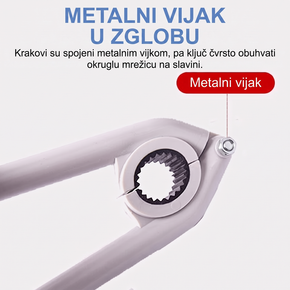 Metalni vijak u zglobu, ključ čvrsto obuhvati mrežicu