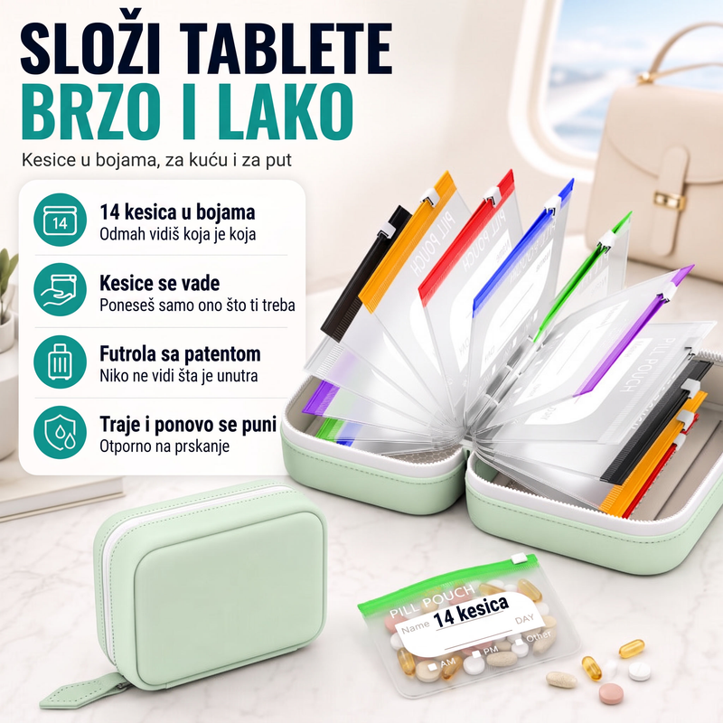 Futrola za tablete sa 14 prozirnih kesica, mint zelena
