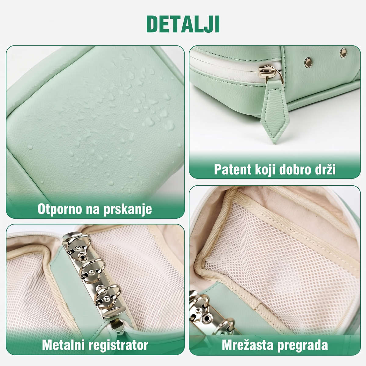 Detalji: otporno na prskanje, patent, prstenovi, mrežasta pregrada