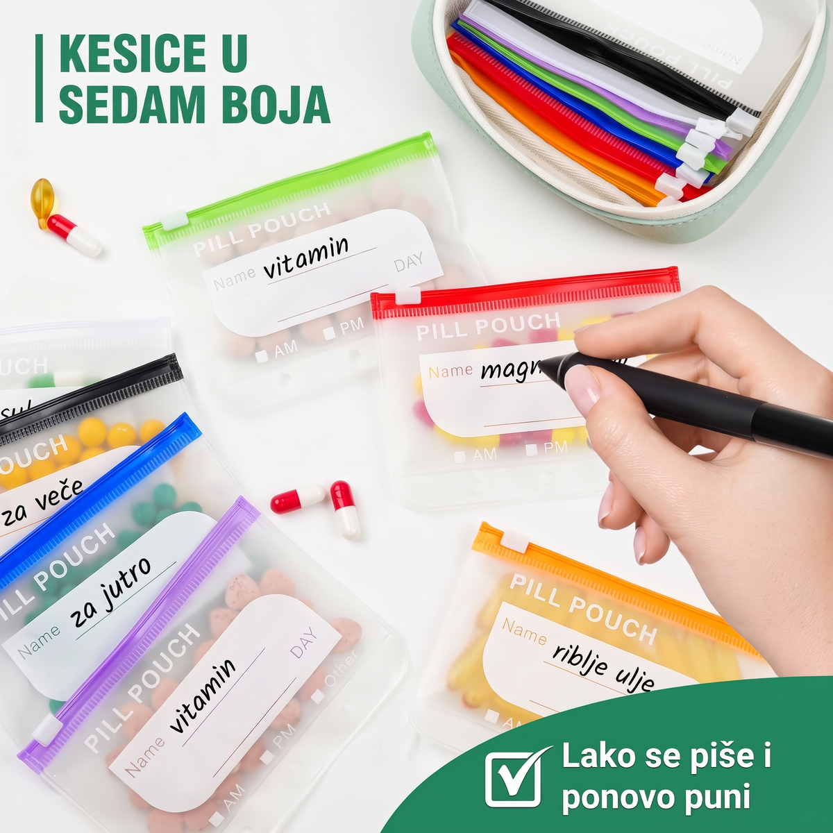 Kesice u sedam boja, na bijelo polje se piše