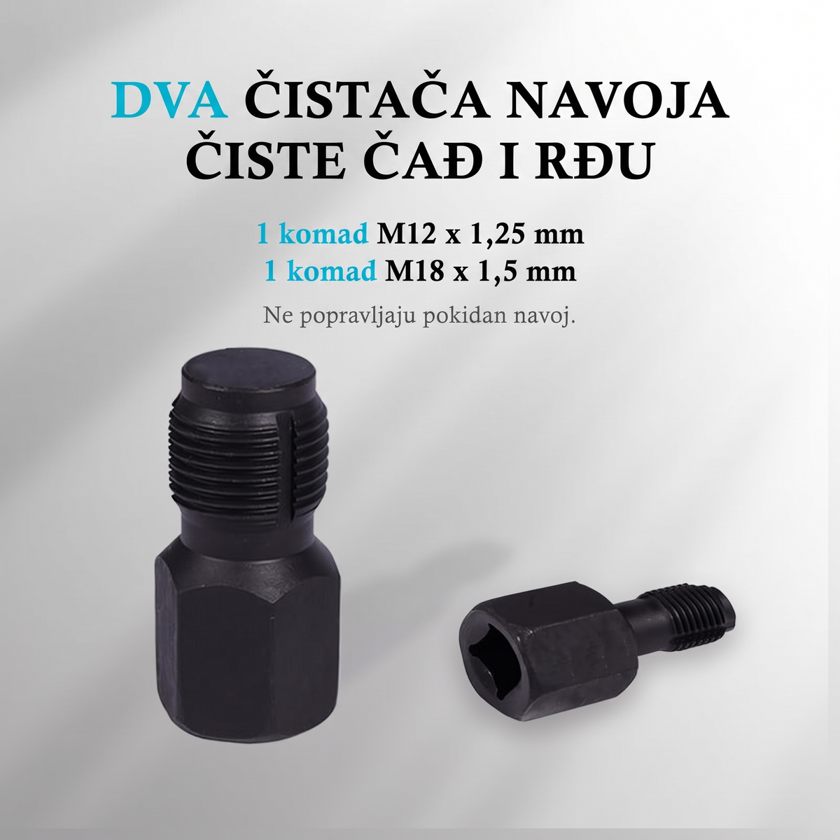 Dva čistača navoja M12 i M18, čiste čađ i rđu