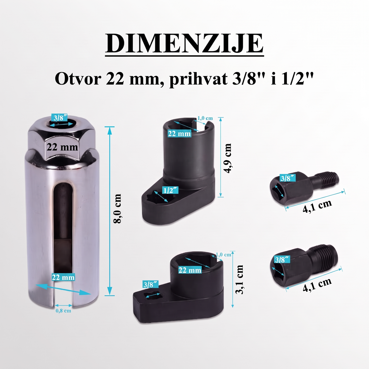 Dimenzije svih pet dijelova seta