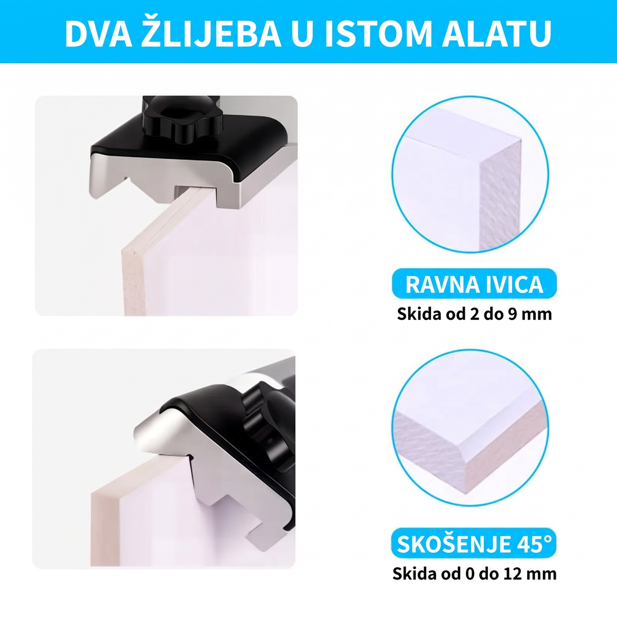 Dva žlijeba: ravna ivica 2 do 9 mm i skošenje 45 stepeni 0 do 12 mm
