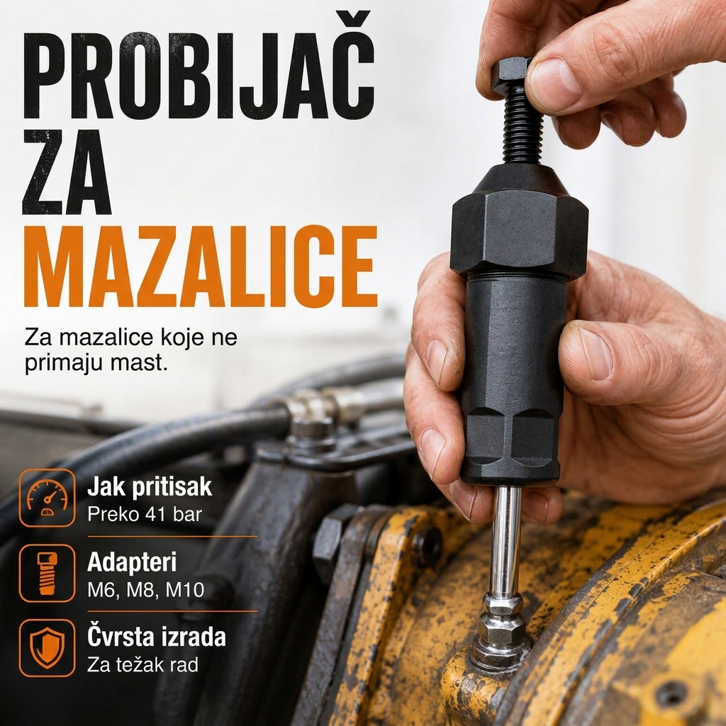 Probijač za mazalice: jak pritisak, adapteri M6, M8, M10