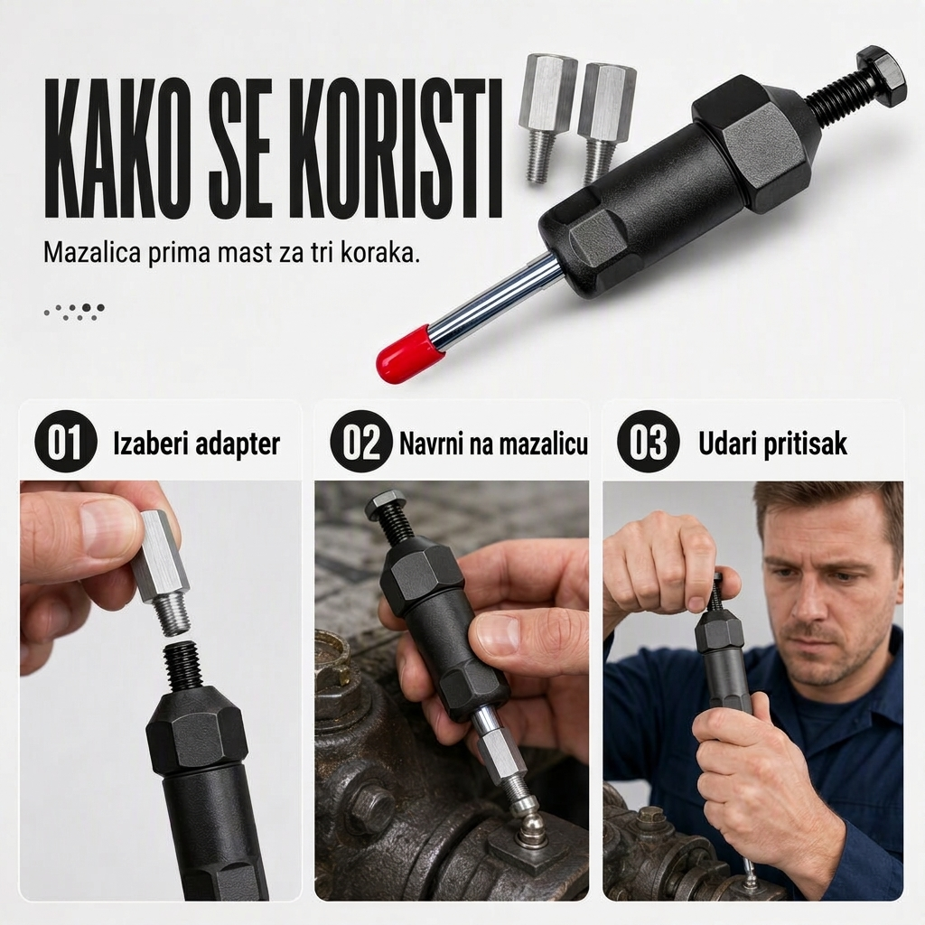 Kako se koristi: izaberi adapter, navrni na mazalicu, udari pritisak